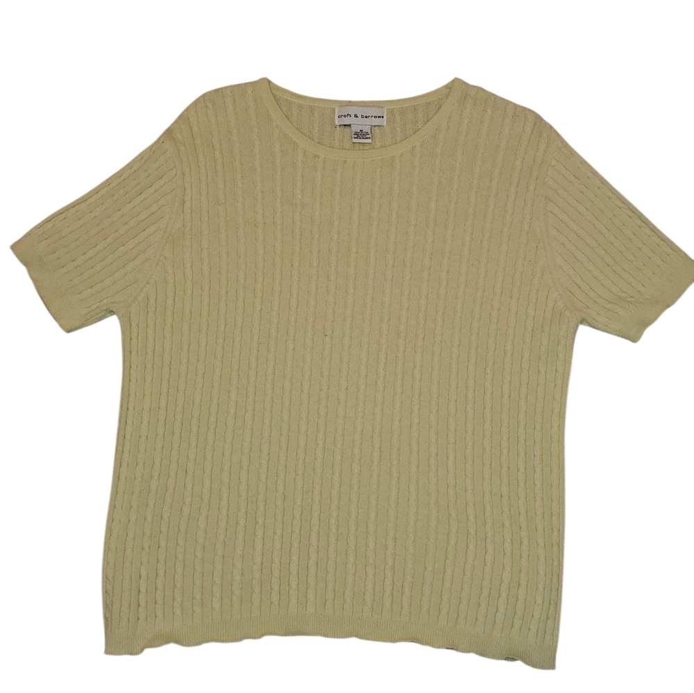 Butter Yellow Cable Knit Sweater Medium 100% Cotton Short Sleeve Croft & Barrow